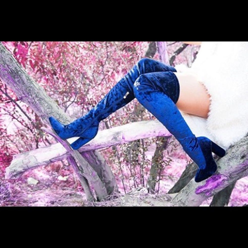 Blue thigh high crushed velvet boots